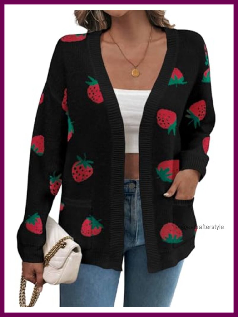 Strawberry Print Open Front Knit Cardigan with Pockets Long Sleeve